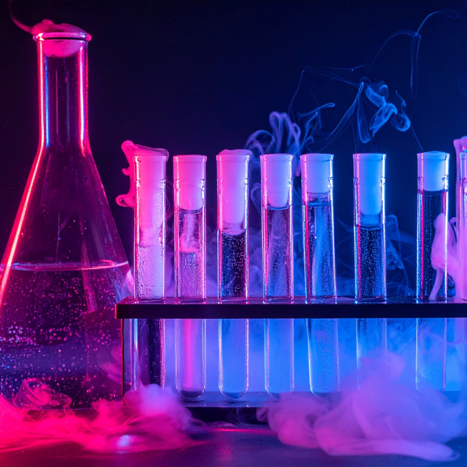 Mord im Labor, interaktives Krimi Spiel. Das Bild zeigt bunt beleuchtete Reagenzgläser und Erlenmeyerkolben. KI generiertes Bild