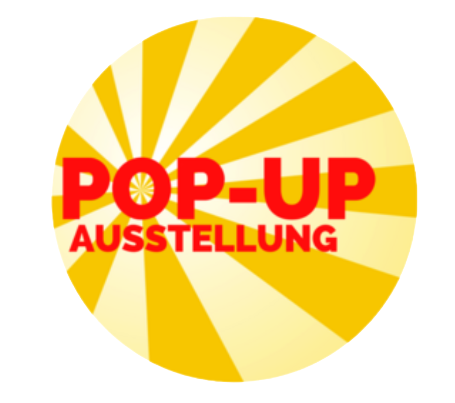 Roter Text Pop-Up Ausstellung auf gelben Hintergrund