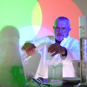 Person in weißem Laborkittel gießt Flüssigkeit aus einem Messzylinder in einen Becher mit Schaum, bunte Lichtkreise im Hintergrund.