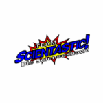 Buntes Logo mit dem Text 'TEAM SCIENTASTIC! Die Scienceshow!' in Comic-Schrift vor rotem Sternhintergrund.