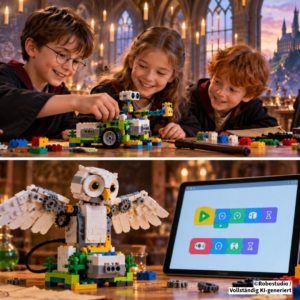 Kinder die einen Lego- WeDo Roboter betrachten und eine Eule aus Lego, die auf einen Tablet schaut.