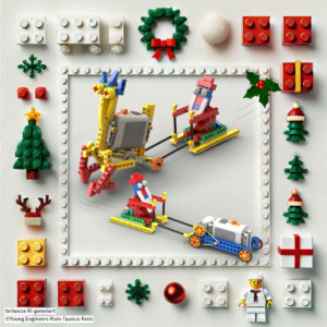 Weihnachtsmann und Weihnachts Ornamente aus Klemmbausteinen. Das Bild ist teilweise KI-generiert